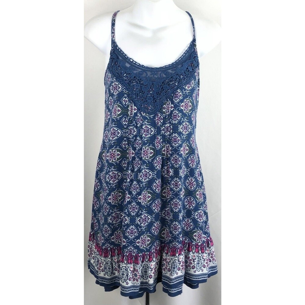 vintage mini slip Dress S Blue/pink Crochet Lace tiered ruffles Boho Hippie Y2K